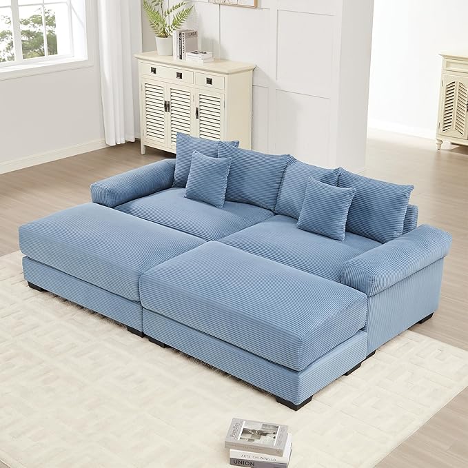 KEIKI 83" Oversized Corduroy Modular Sectional Loveseat Sofa with 2 Ottoman, High-Density Foam Cushion, Extra-Thick Armrest, Modern 2-Seater Fluffy Corner Couch with 6 Pillow, for Living Room, Blue