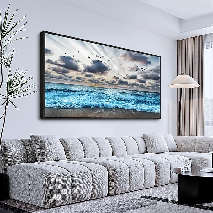 Wapluam Black And White Beach Wall Painting Black Framed Canvas Wall Art For Living Room Wall Decoration For Bedroom Office Wall Decor Blue Sea Wave Pictures Artwork Modern Hotel Room Home Wall Art