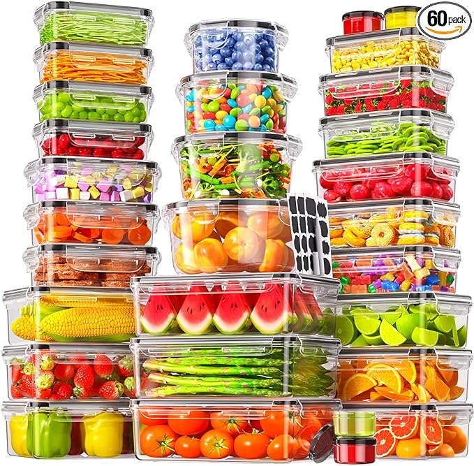 60 PCS Food Storage Containers with Lids Airtight, Total 718oz Leakproof Containers Set for Kitchen Storage, Meal Prep, Reusable Plastic, Microwave/Dishwasher Safe, Extra Labels & Pen