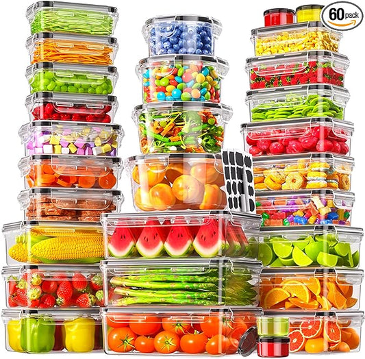 60 PCS Food Storage Containers with Lids Airtight, Total 718oz Leakproof Containers Set for Kitchen Storage, Meal Prep, Reusable Plastic, Microwave/Dishwasher Safe, Extra Labels & Pen