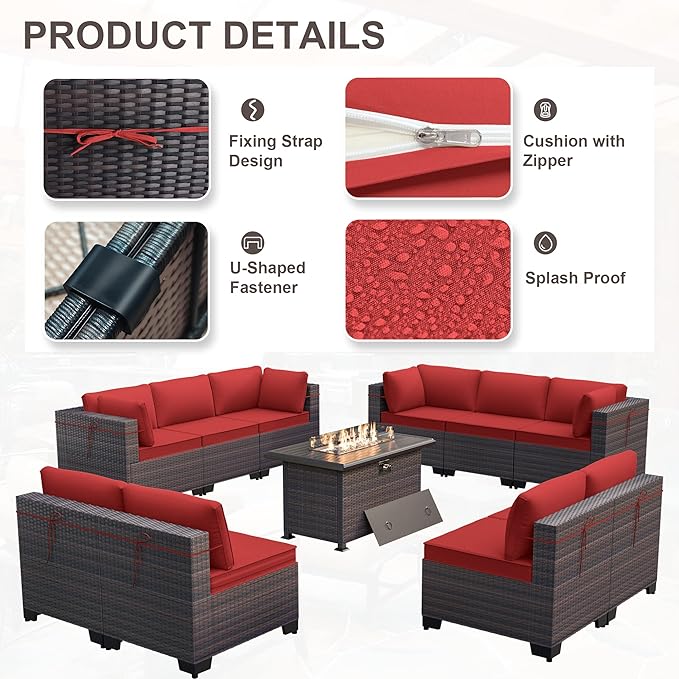 Kurapika 11 Pieces Patio Furniture Set, Rattan Wicker Outdoor Conversation Sets w/43in Propane Fire Pit Table and 4 Inch Cushion(Red)