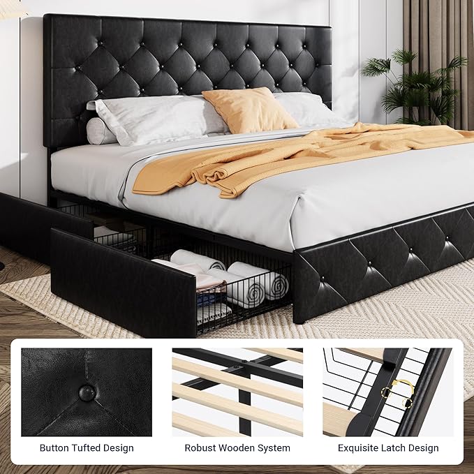 Allewie King Size Black Metal Faux Leather Platform Bed Frame with 4 Drawers