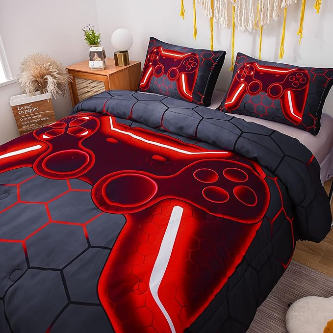 NTBED Game Console Comforter Set for Boys Girls Kids Geometric Lightweight Microfiber Bedding Sets (red, Queen)