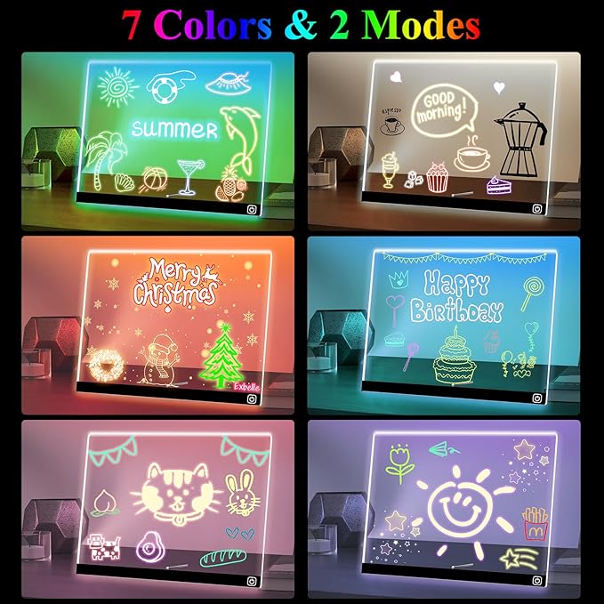 16“ LED Drawing Message Note Board 7 Colors Light Acrylic Dry Erase Lumiboard with Colors 2 Modes as Night Light for Kids Room/Store/Office Ideal Gift for Festival Decoration 7 Markers