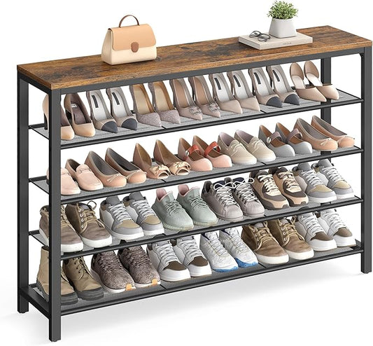 VASAGLE 5 Tier Shoe Rack for Closet, Entryway, 20-25 Pairs of Shoes, Large Shoe Organizer with 4 Metal Mesh Shelves, 11.8 x 47.2 x 36.4 Inches, Rustic Brown and Black ULBS205B01