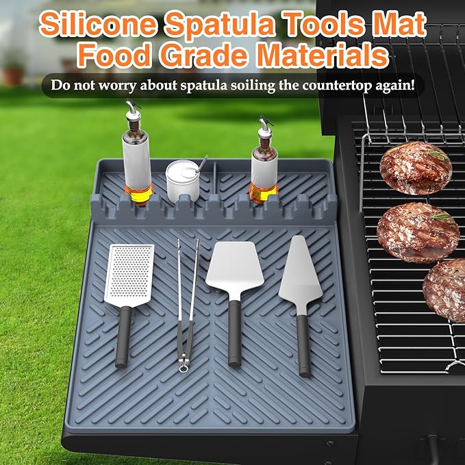 Blackstone Silicone Griddle Tools - Spatula Mat with Drip Pad & Grill Utensil Holder Side Shelf for Kitchen, Cooking, Countertop, Griddle Accessories - Grey, 2 Pack