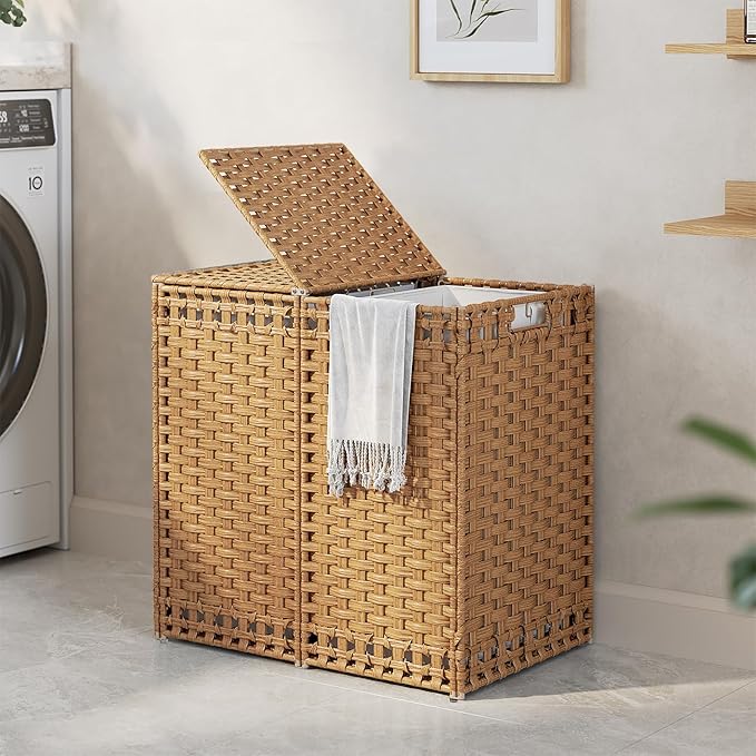130L Foldable Laundry Hamper with Lid - Handwoven Rattan Storage Basket, 2-Section Clothes Hamper w/2 Removable Liner Bags, Easy Assembly, Portable for Bedroom Bathroom Dorm,Natural