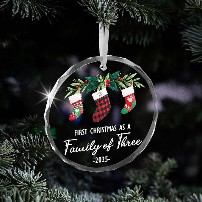 Baby’s First Christmas Ornament 2025 – Christmas Tree Decoration Glass Ornaments - Family of Three Ornament Gifts for New Parents, New Mom Dad Gift, Christmas Tree Decoration Keepsake