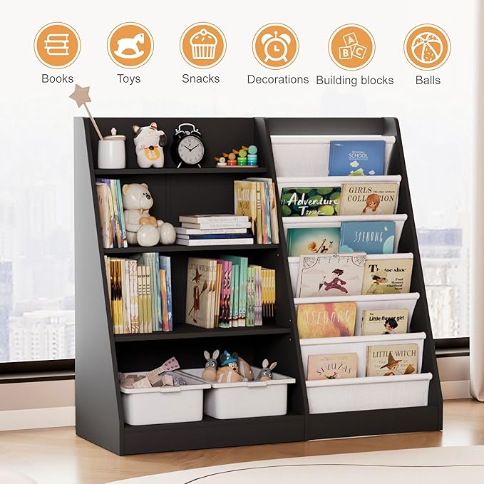 Black Kids Bookshelf Wood Toy Storage Organizer Cabinet Children Bookcase Toddler Baby Sling Book Rack Adjustable Shelf for Playroom Bedroom Nursery Hallway School Kindergarten