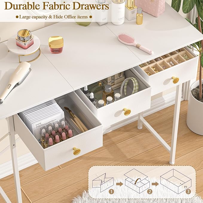 Small Makeup Vanity Desk No Mirror, 37.2 Inch Vanity Desk with 3 Drawers, Girls Vanity Dressing Table for Bedroom, Small Vanity for Small Spaces, White