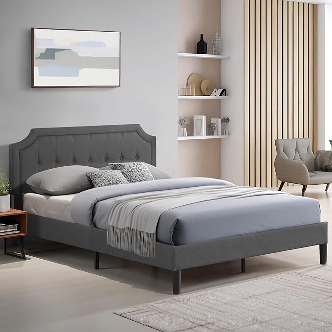 VECELO Full Upholstered Platform Bed Frame with Adjustable Button Stitched Panel Headboard,Strong Wood Slat Support,Velcro Design,Mattress Foundation/Easy Assembly,Grey