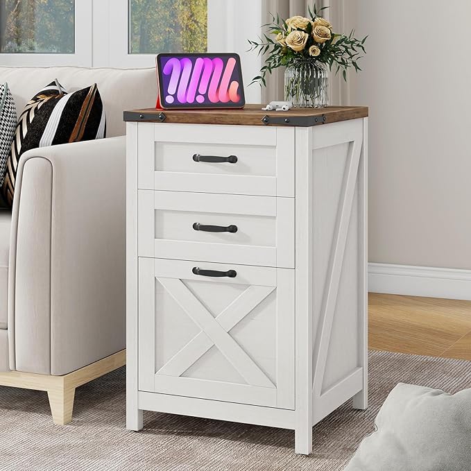 Vertical File Cabinet with 3 Drawers, Wooden Farmhouse Filing Cabinet for Letter/A4 Size Hanging Files, Under Desk Printer Stand with Storage for Home Office, Rustic White