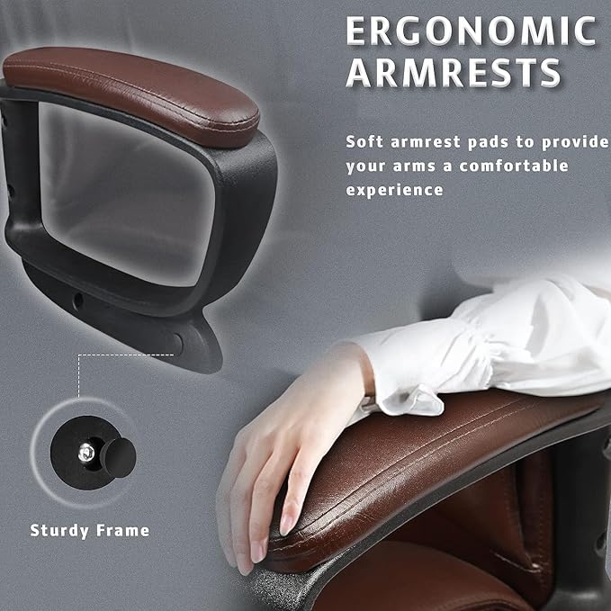 LEMBERI Office Desk Chair, Big and Tall High Back Managerial Executive Computer Chair, Ergonomic Height Adjustable PU Leather Chairs with Cushions Armrest for Long Time Sitting (Brown)