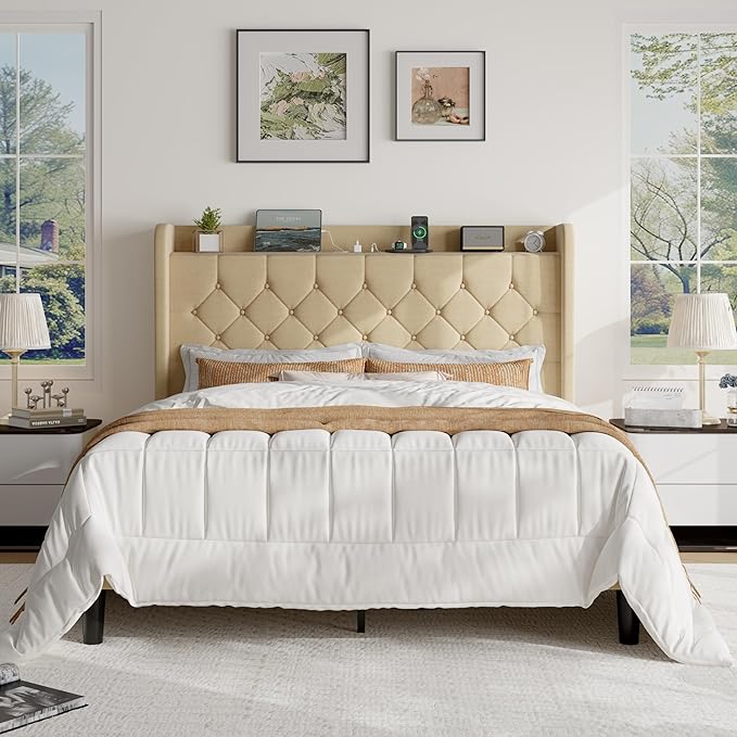 SHA CERLIN Queen Size Platform Bed Frame with Charging Station, Velvet Wingback Headboard with Storage Shelf, Wooden Slats Support, Ample Under-Bed Space, No Box Spring Needed, Easy Assembly, Beige