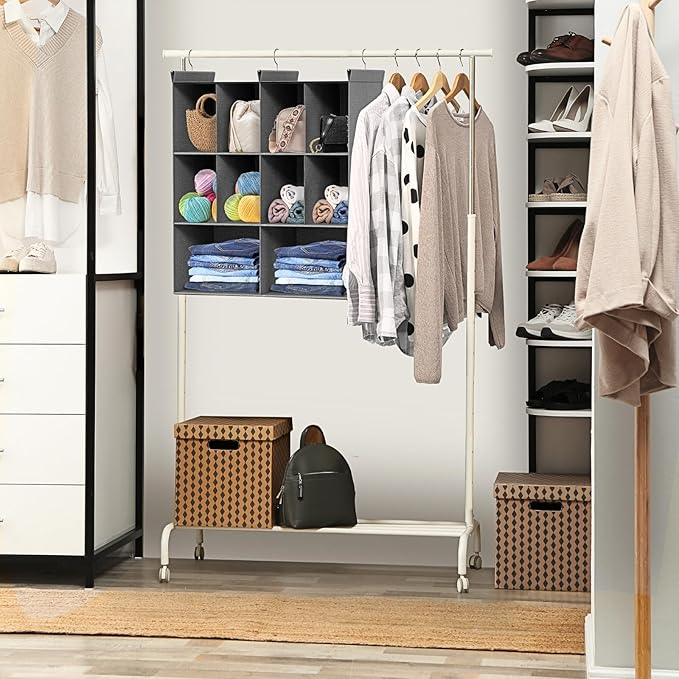 Ofiray-home 3 Tier Hanging Closet Organizer, 10 Compartments Sweater Organizer for Closet with 3 Sturdy Hooks, Closet Organizers and Storage, Wardrobe, Rv, Garment Rack, Grey