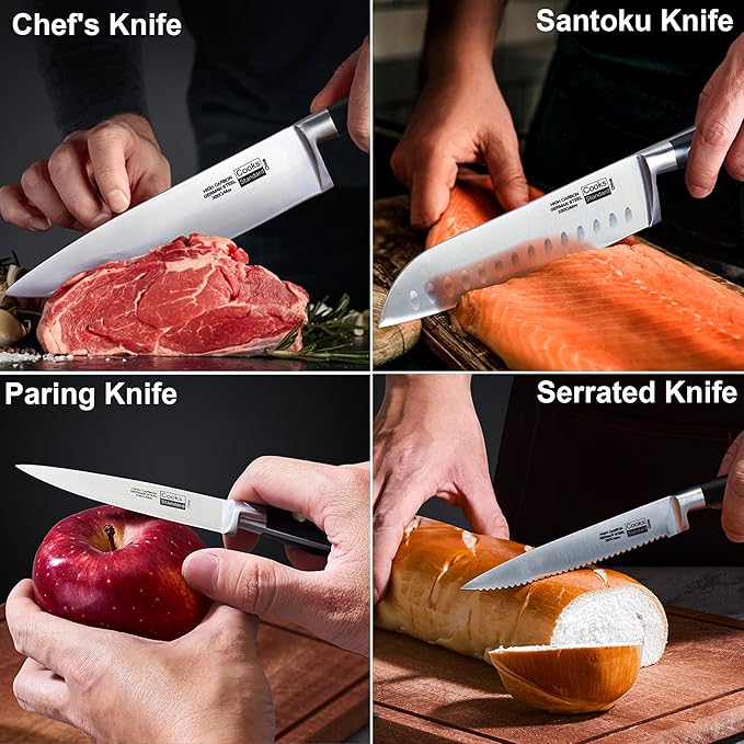 Cooks Standard 6-Piece Stainless Steel Knife Set with Expandable Bamboo Block for Extra Slots