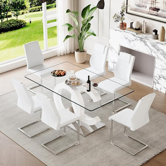 63'' Glass Dining Table Set for 6, Kitchen Table Chairs Set of 6, Clear Glass Dining Table with White unique design Leg and Silver Metal Base, 6 PU Dining Chairs with Metal Legs, Living Room, Kitchen.