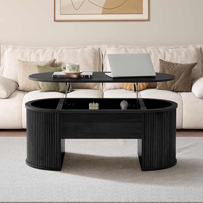 QHITTY Fluted Coffee Table with Lifting Top, Oval Wood Lift Top Coffee Table with Hidden Compartment, Mid Century Pull up Center Tables for Living Room, Office - Black