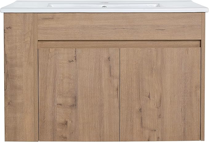 Goujxcy 30" Wall Mounted Bathroom Vanity with Sink, Modern Floating Bathroom Cabinet with White Ceramic Basin and Storage Cabinet/Shelf, Soft-Closing Door Wood Hanging Bath Room Cabinets