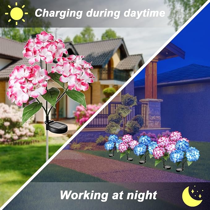 Solar Flower Lights - 2 Pack Waterproof Garden Lights with Solar Hydrangea Stake, Decorative for Patio, Courtyard, Garden Lawn (Blue & Rose Red)