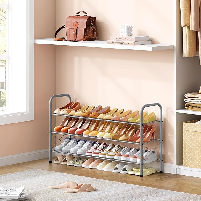 Hoctieon 3 Tier Mesh Style Shoe Rack, Entryway Shoe Shelf, Shoe Storage Organizer, Shoe Rack for Closet, Space Save for Bathroom, Garage, Hallway, Bedroom, Living Room, Grey