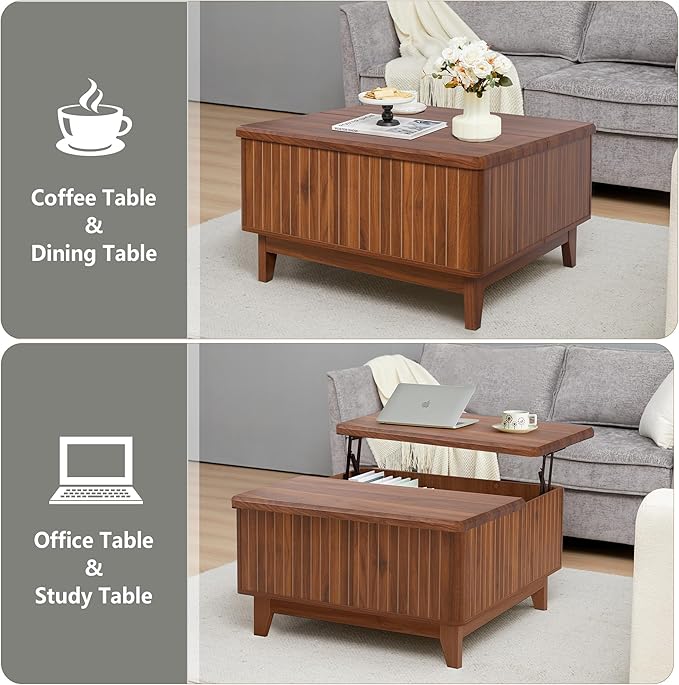 Lift Top Coffee Table, Square Coffee Table with Hidden Storage Compartment, Farmhouse Wood Center Table Dining Table for Living Room, Bedroom, Home Office (Walnut)