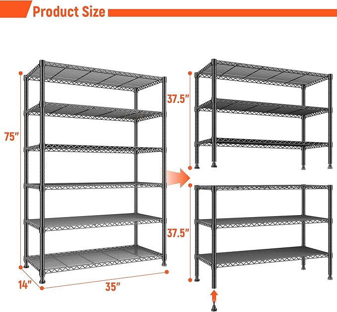 REIBII 75" H Metal Shelving 6 Tier Storage Shelf Adjustable Kitchen Shelf Wire Shelving Unit Detachable Storage Rack for Kitchen Laundry Living Room Commercial Heavy Duty Metal Shelf 75" X35" X14"