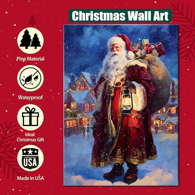 Vintage Santa Claus Delivers Gifts Canvas Wall Art - Rustic Framed Christmas Canvas Prints for Living Room, Cozy Winter Wall Decor, Ideal Christmas Gifts & Festive Decorations