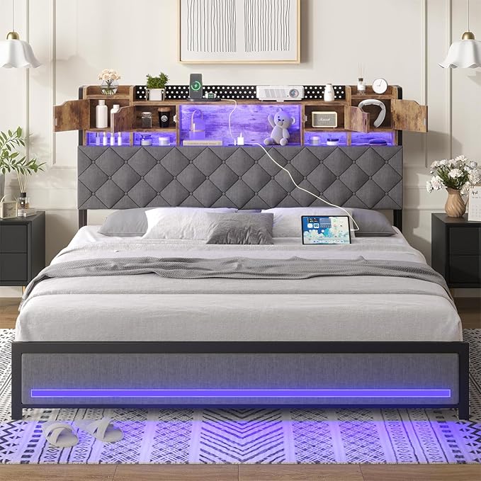 Queen Bed Frame with Upholstered Headboard, Bed Frame Queen Size with Hidden Storage,3-Tier Storage Shelves, LED Lights and Charging Station, Queen Bed with Noise-Free,Gray