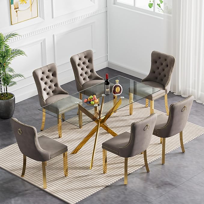 Goujxcy Glass Dining Table Set for 6, Modern Kitchen Table and Chairs Set of 6, 7-Piece Kitchen Dining Room Table Set w/61 Glass Gold Dining Table and 6 Gray Velvet Upholstered Chairs