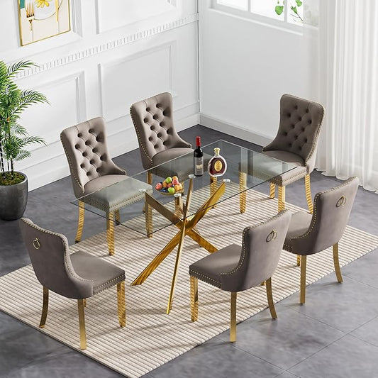 Goujxcy Glass Dining Table Set for 6, Modern Kitchen Table and Chairs Set of 6, 7-Piece Kitchen Dining Room Table Set w/61 Glass Gold Dining Table and 6 Gray Velvet Upholstered Chairs