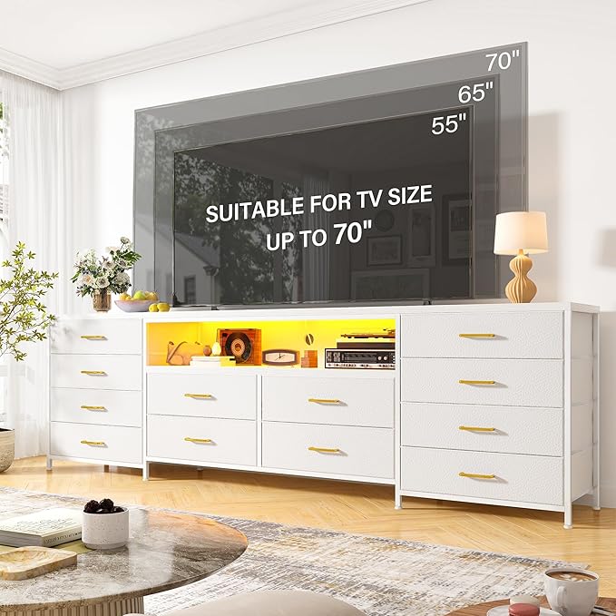 Fits 65,70 inch TV Stand Dresser 63" W TV Entertainment Center for Bedroom with LED Lights & Power Outlets 12 Long Fabric Dresser for Bedroom, Hallway or Closets White