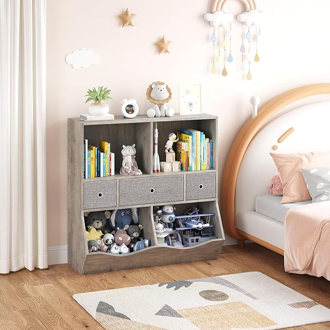 3-Tier Kids Bookshelf & Toy Storage Organizer - Wooden Bookcase with 3 Drawers, 4 Cubby Shelves, Anti-Tip Safety Design - Nursery, Playroom, Children's Room -2 Set Grey