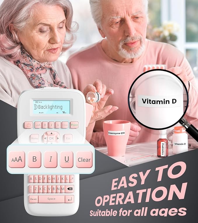 Pink Label Maker, Rechargeable Label Makers with Keyboard, Handheld Label Maker Machine with Bluetooth Backlit Large Display LM1600, Portable Labeler for Home & Office Organization School Kids