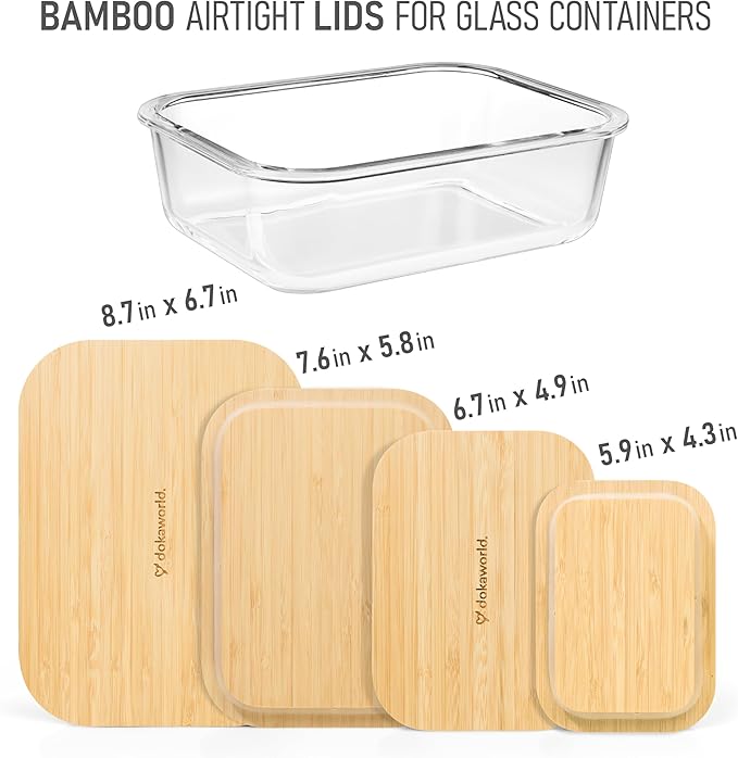 Natural Bamboo Lids Set for Food Storage Glass Containers (4pcs) - Lids are compatible with all Glass Food Storage Containers Sets