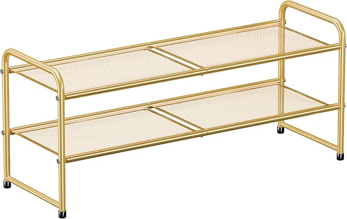SUFAUY Shoe Rack for Closet, 33" Wide Metal Shoe Rack Organizer Heavy Duty, 2-Tier Mesh for Shoes, Gold