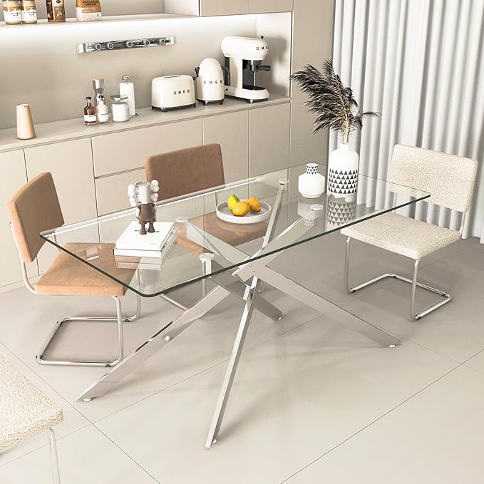 60" Rectangular Glass Dining Table Modern Kitchen Glass Top Table for 6 with Silver Metal Legs, Clear Dining Table Kitchen Table for Home Office Dining Room