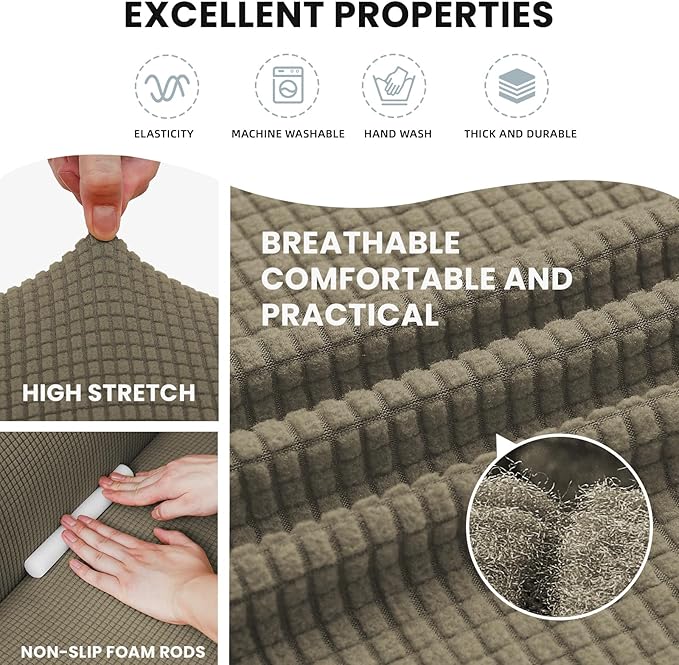 LURKA Stretch Sofa Slipcovers 1 Piece Couch Covers for 3 Cushion Couch Sofa Furniture Protector Full Sofa Covers with Elastic Bottom for Kids and Dog (Large, Khaki)