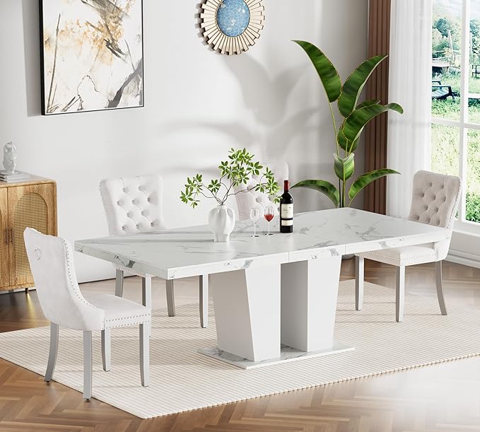 5-Piece Extendable Dining Table Set for 4-8 People 63-78 Inch Kitchen Table Set with 4 Beige Upholstered Chairs Modern White Faux Marble Rectangular Dining Room Table Set for Kitchen Apartment