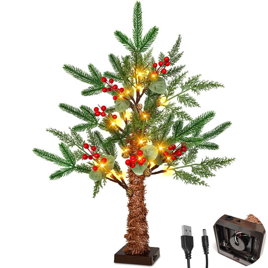 24" /2FT Tabletop Christmas Tree with Lights Timer, USB or Battery Powered, Prelit Small Christmas Trees with Realistic Norfolk Pine &Cypress Tips 24LED Berries Pinecones Xmas Indoor Home Table Desk