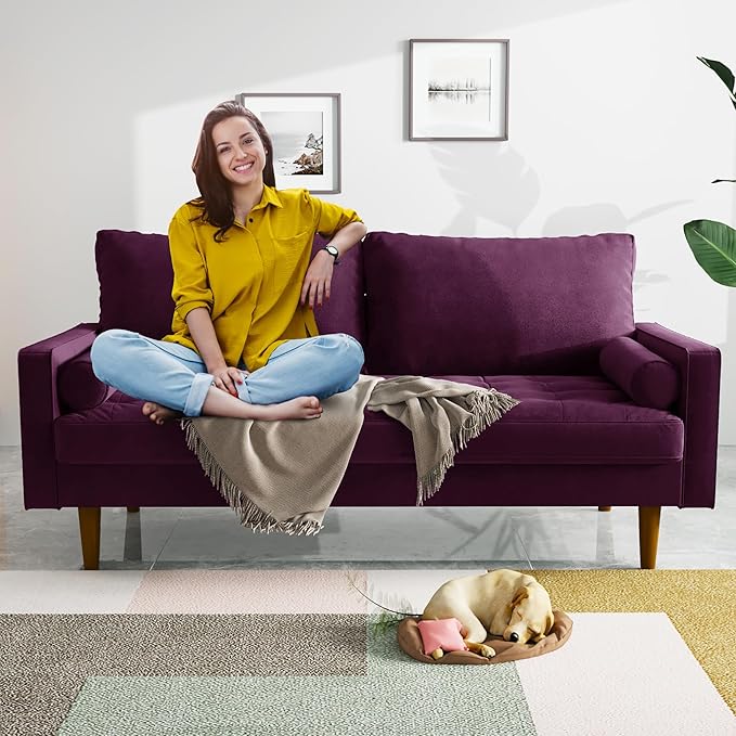 Modern Sofa,70 Inch Velvet Couch for Living Room,Spring Cushions,Easy Assembly Modern Couches with Throw Pillow for Small Spaces (Eggplant)