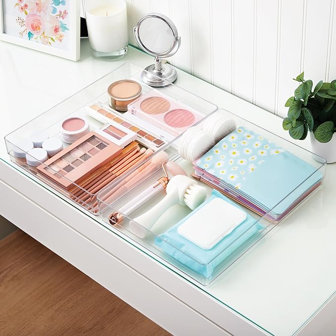 STORi SimpleSort 2-Piece Stackable Clear Drawer Organizer Set | 15" x 6" x 2" Rectangle Trays | Wide Makeup Vanity Storage Bins and Office Desk Drawer Dividers | Made in USA