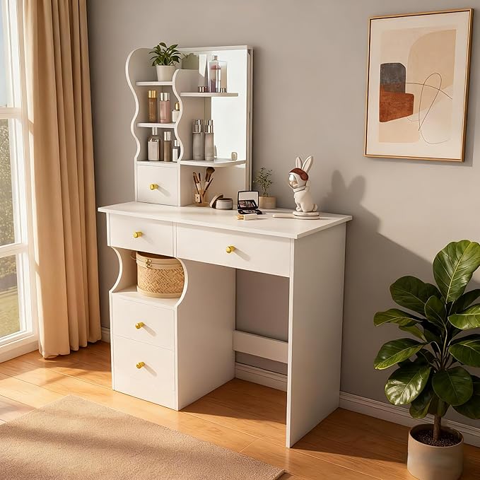 Casaphoria White Makeup Vanity Desk with Hidden Mirror, 31.5 Inch Dressing Table with 5 Drawers, 3 Color Adjustable LED Lights, No Stool Included