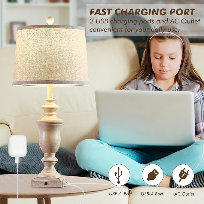 27.5" Set of 2 Farmhouse Table Lamps for Bedroom, 3 Way Dimmable Bedside Lamp with 2 USB +AC Outlet Nightstand Lamps for Living Room Resin Rustic Touch Lamps (Antique Beige)