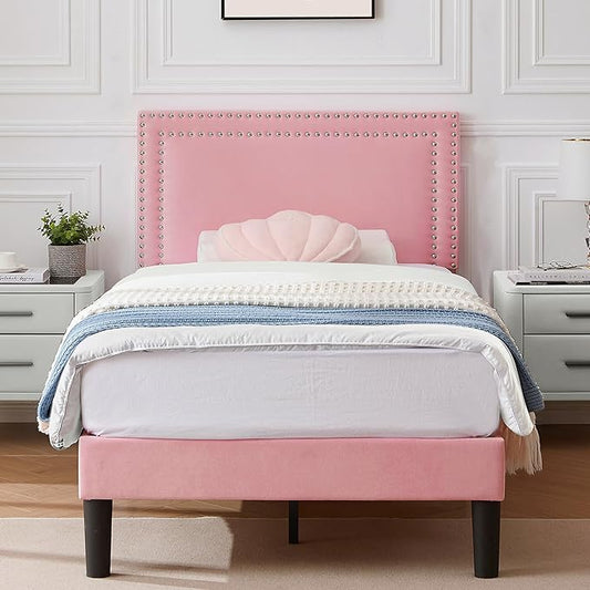 VECELO Twin Size Platform Bed Frame with Height Adjustable Upholstered Headboard, Modern Mattress Foundation,Strong Wood Slat Support, No Box Spring Needed, Easy Assembly