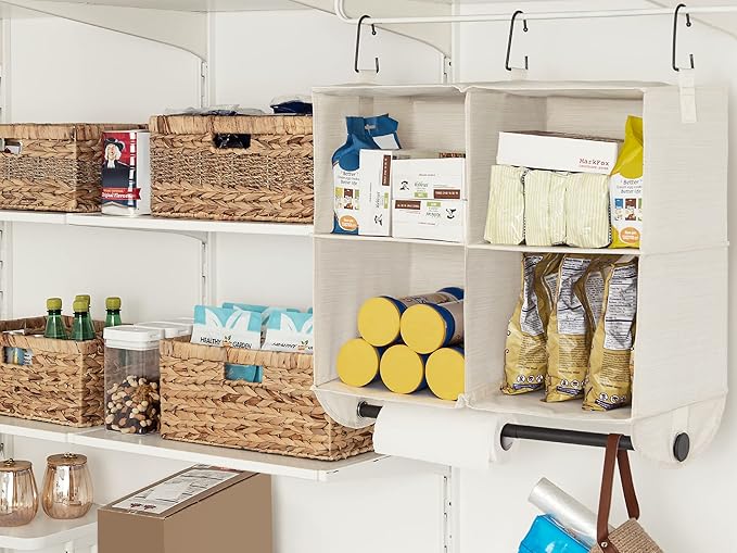 StorageWorks Hanging Closet Organizer with Metal Rod, 4-Section Closet Organizers and Storage, Collapsible Hanging Shelves for Baby Clothes, Shoes, Sweater Storage, Ivory and White