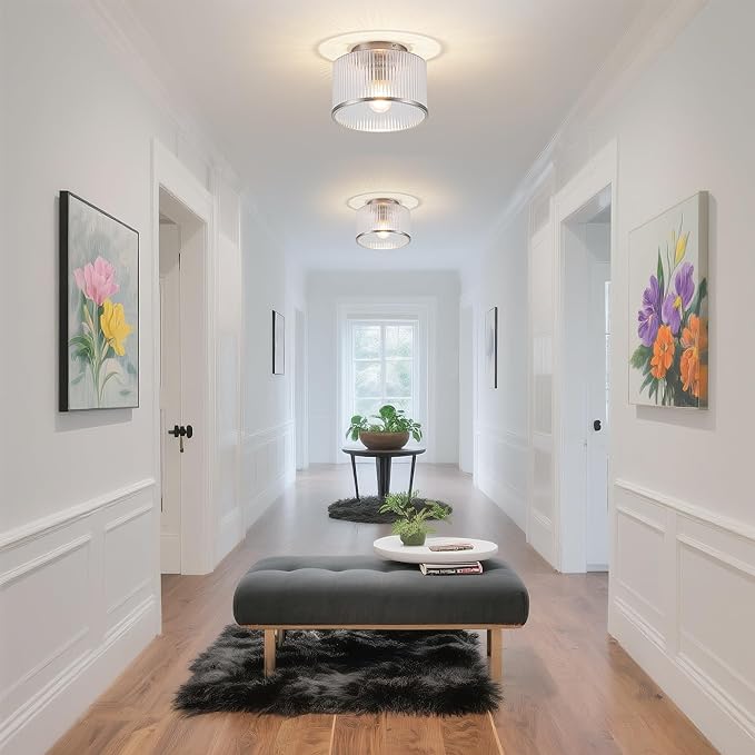 MAYNA Modern Nickel Semi Flush Mount Ceiling Light Fixture, 1-Light Glass Ceiling Light, Hallway Light Fixtures Ceiling Mount for Kitchen Entryway Bedroom Laundry Room