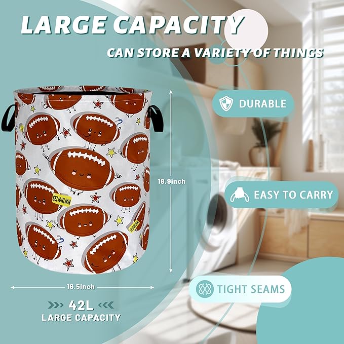 Funny Football Laundry Basket Foldable Oxford Cloth American Ball Laundry Hamper With Handle Portable Clothes Storage Basket 18.9 X 16.5 Inch Storage Bag For Laundry Room/Bathroom/Bedroom