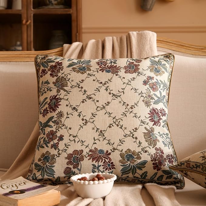 patdrea Designer Throw Pillow Covers Set of 2,Square Euro Retro Style Light Brown Linen with Floral Pattern Pillow Cover,Decorative Pillowcases Cushion for Bed Living Room Outdoor Car,18"x18"