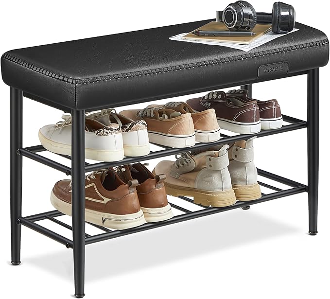 VASAGLE EKHO Collection - Shoe Rack Bench, Storage Bench for Entryway, Synthetic Leather with Stitching, Mid-Century Modern, Loads 300 lb, 11.8 x 31.5 x 19.7 Inches, Ink Black ULSB054B01